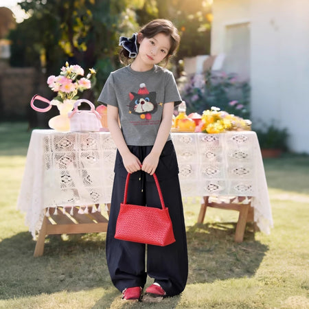 Girls Cat Print T-Shirt & Cargo Pants Set – Sporty Kids Outfit Nepal | Tudoholic