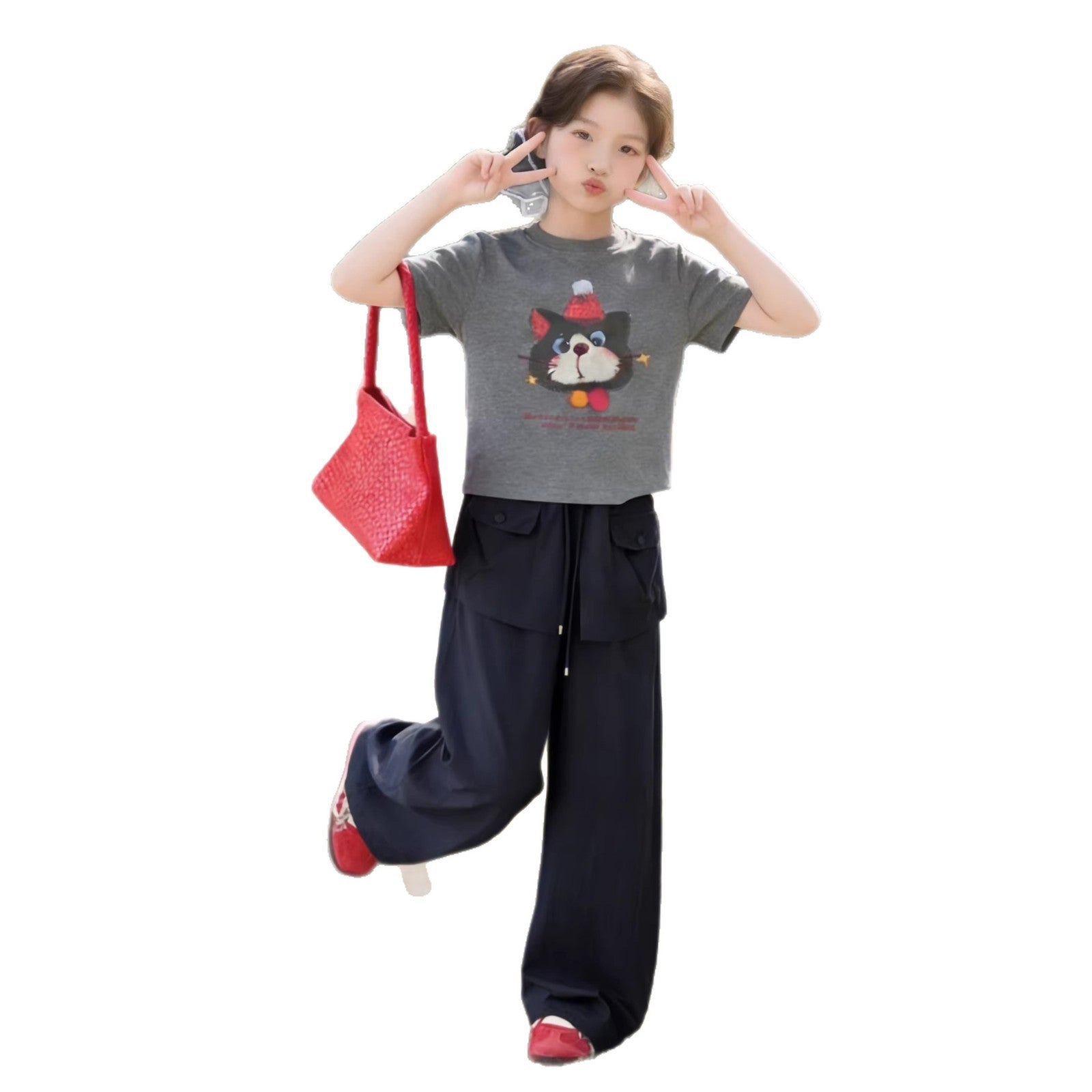 Girls Cat Print T-Shirt & Cargo Pants Set – Sporty Kids Outfit Nepal | Tudoholic