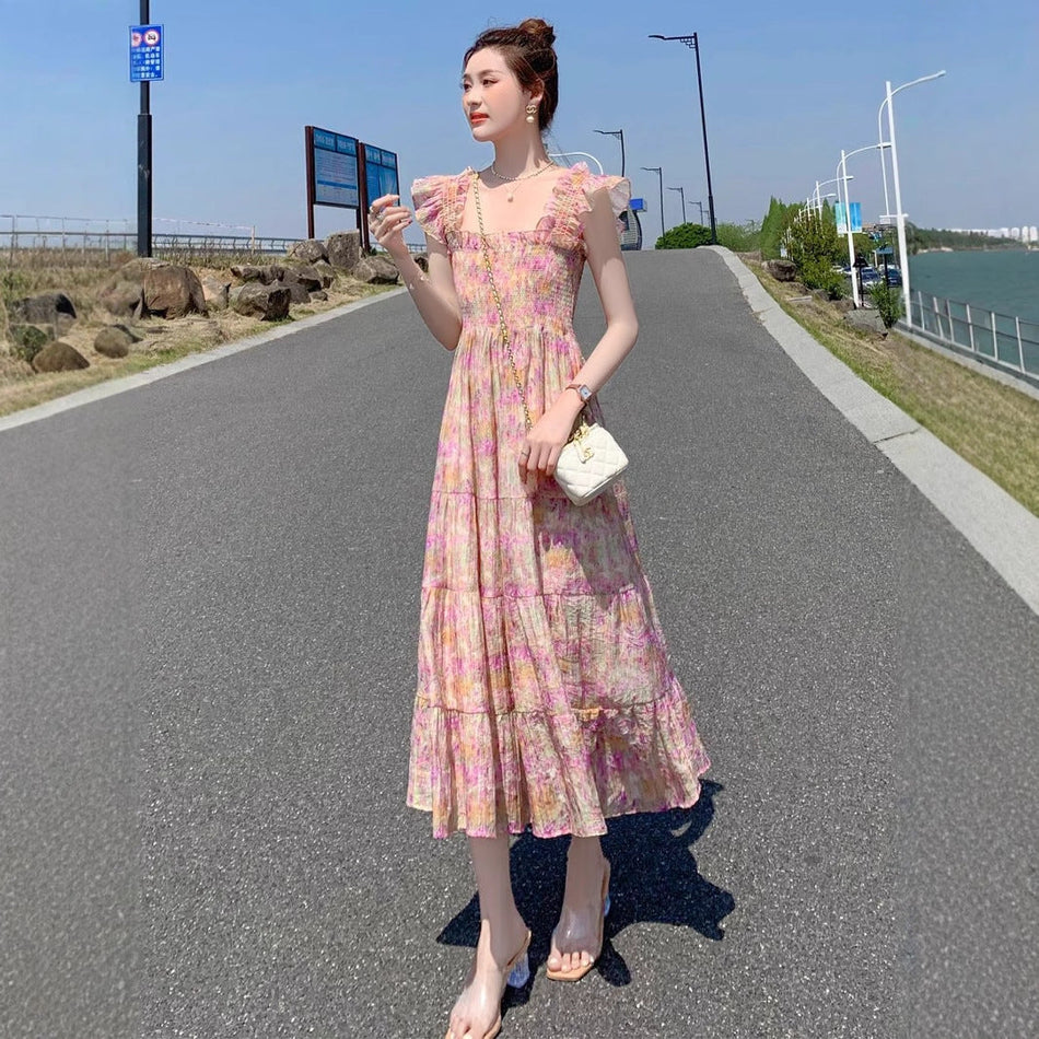 Women Floral Sling Maxi Dress Summer Vacation Style