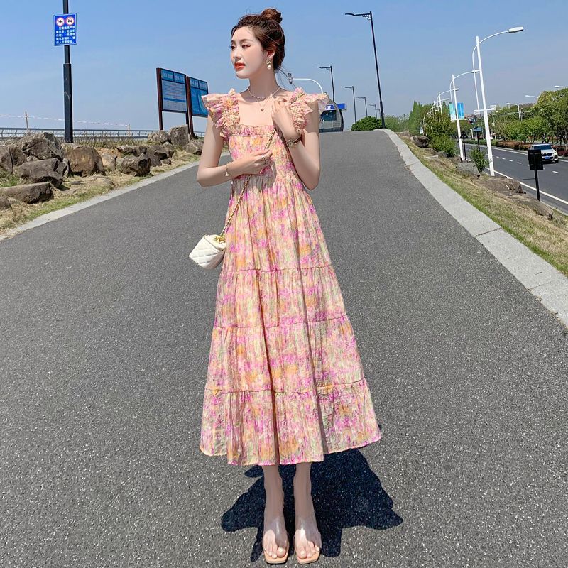 Women Floral Sling Maxi Dress Summer Vacation Style