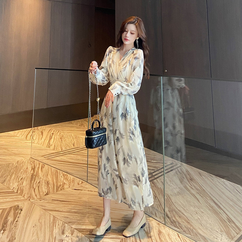 Women V-Neck Floral Chiffon Midi Dress Autumn 2024