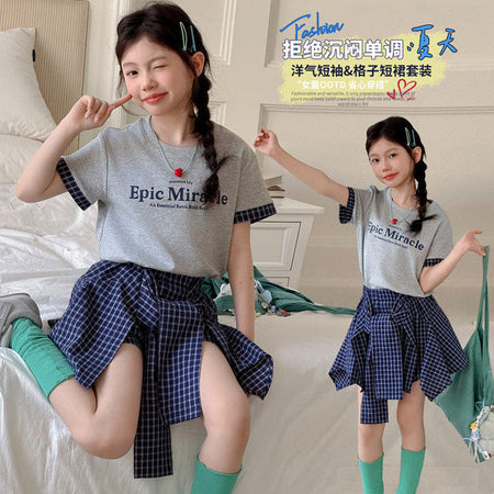Girls Plaid T-Shirt & Pantskirt Set – Versatile Kids Outfit Nepal | Tudoholic