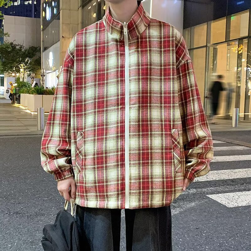 Men’s Retro Pink Plaid Long Sleeve Shirt Jacket