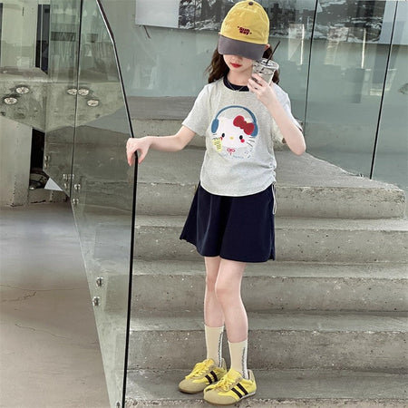 Girls Kitten Print T-Shirt & Shorts Set – Playful Kids Outfit Nepal | Tudoholic