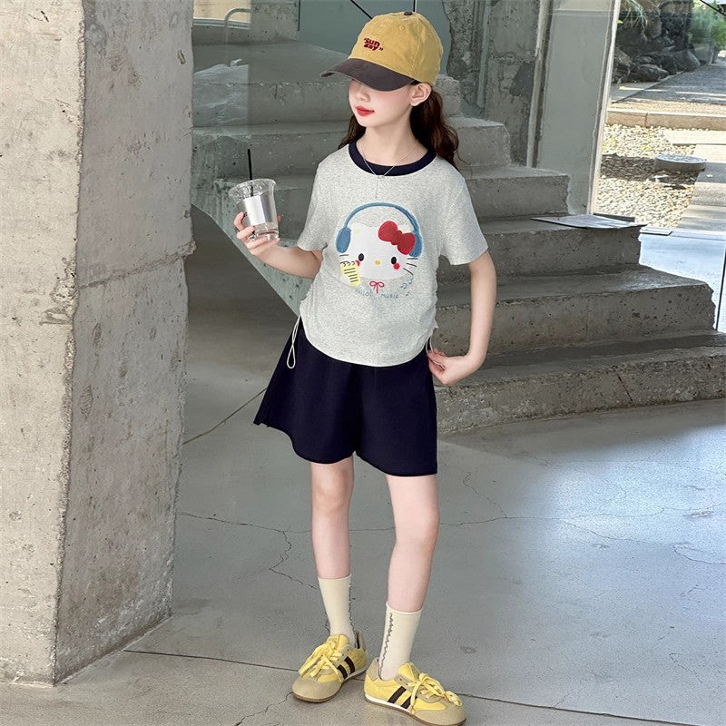 Girls Kitten Print T-Shirt & Shorts Set – Playful Kids Outfit Nepal | Tudoholic