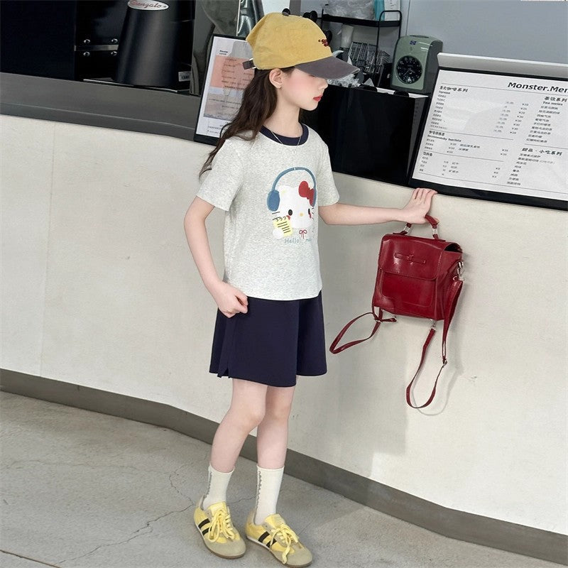 Girls Kitten Print T-Shirt & Shorts Set – Playful Kids Outfit Nepal | Tudoholic