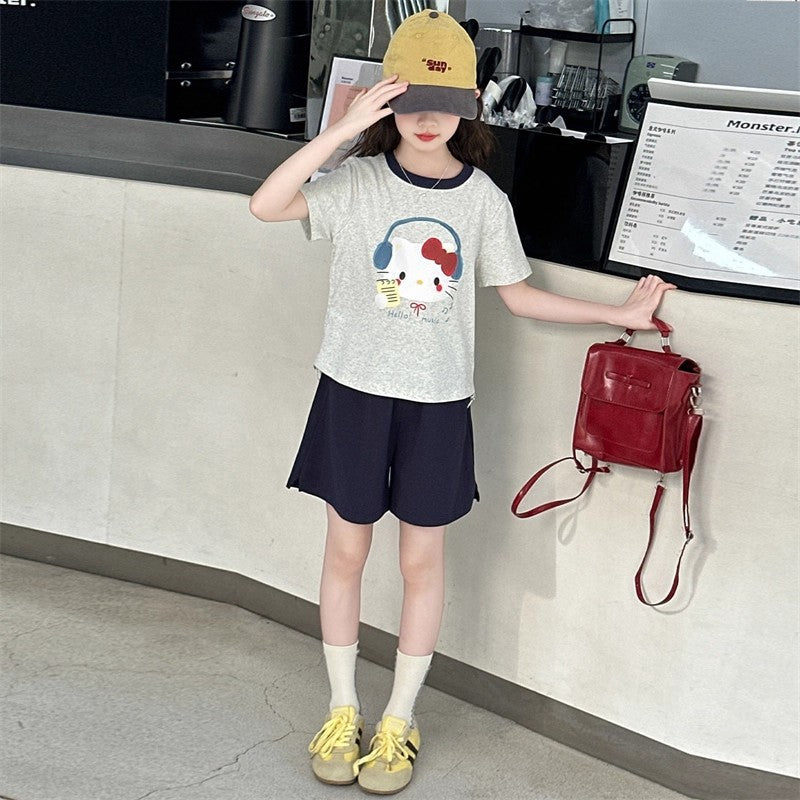 Girls Kitten Print T-Shirt & Shorts Set – Playful Kids Outfit Nepal | Tudoholic