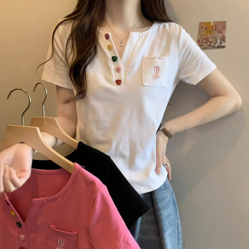 Plus Size Women Korean Button T-Shirt Summer Top