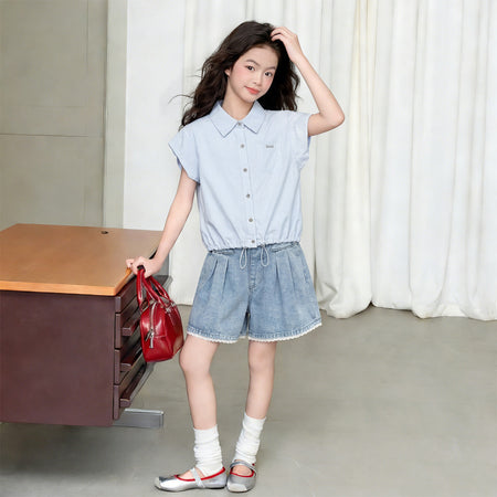 Girls Lace Trim Shirt & Shorts Set – Elegant Kids Fashion Nepal | Tudoholic