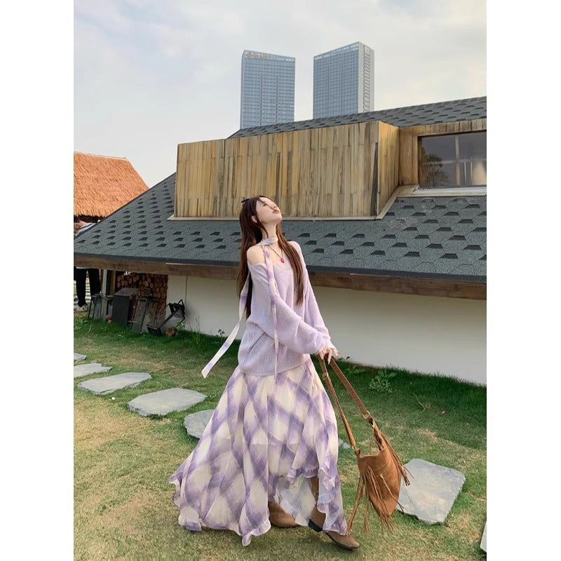 Plus Size Purple Chiffon Strap Maxi Dress Summer