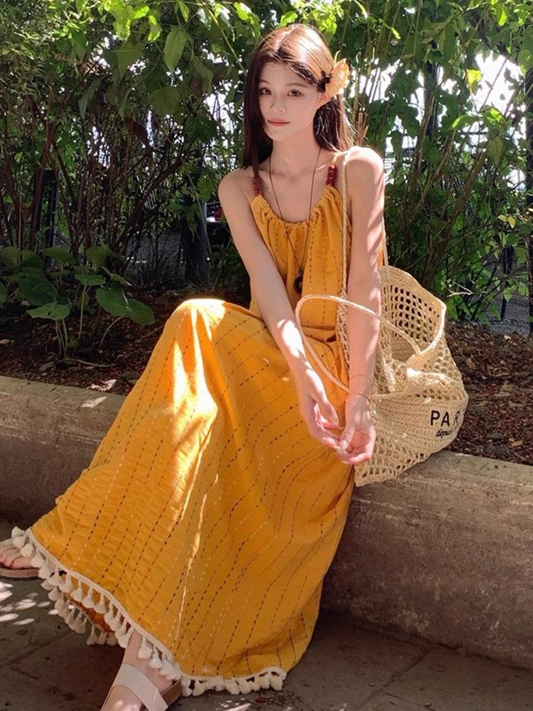 Women Yellow Suspender Dress Summer Beach Vacation