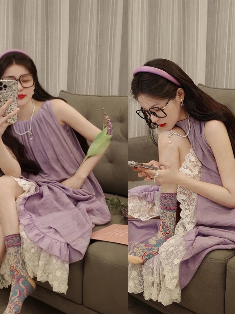 Women Lace Ruffle Sleeveless Maxi Dress Summer Chic