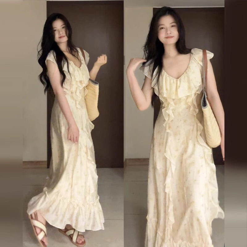 Women Floral V-Neck Ruffled Beach Dress 2025