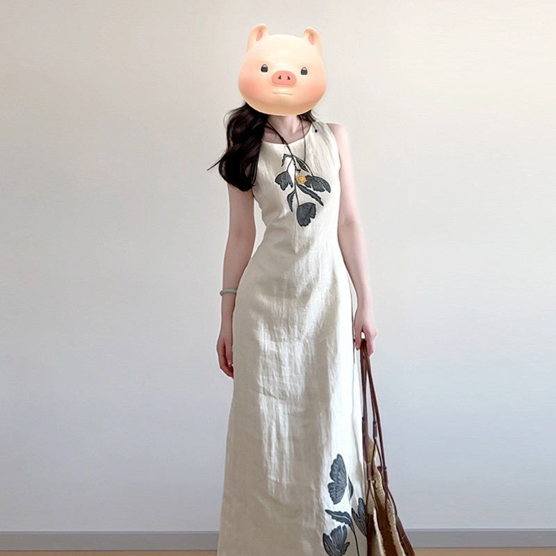 Women Vintage Printed Vest Maxi Dress Summer Elegant