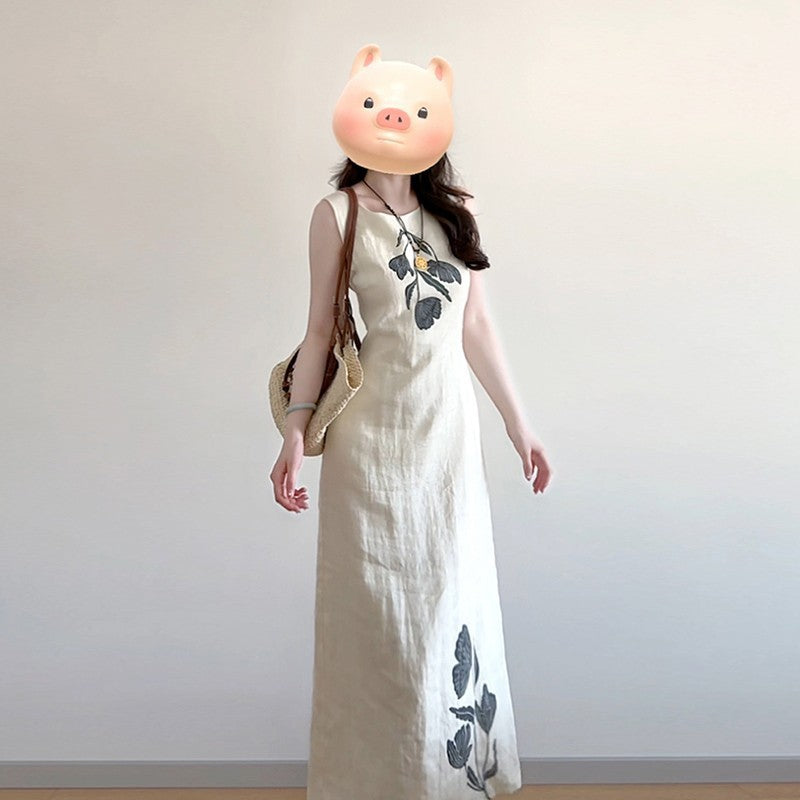 Women Vintage Printed Vest Maxi Dress Summer Elegant