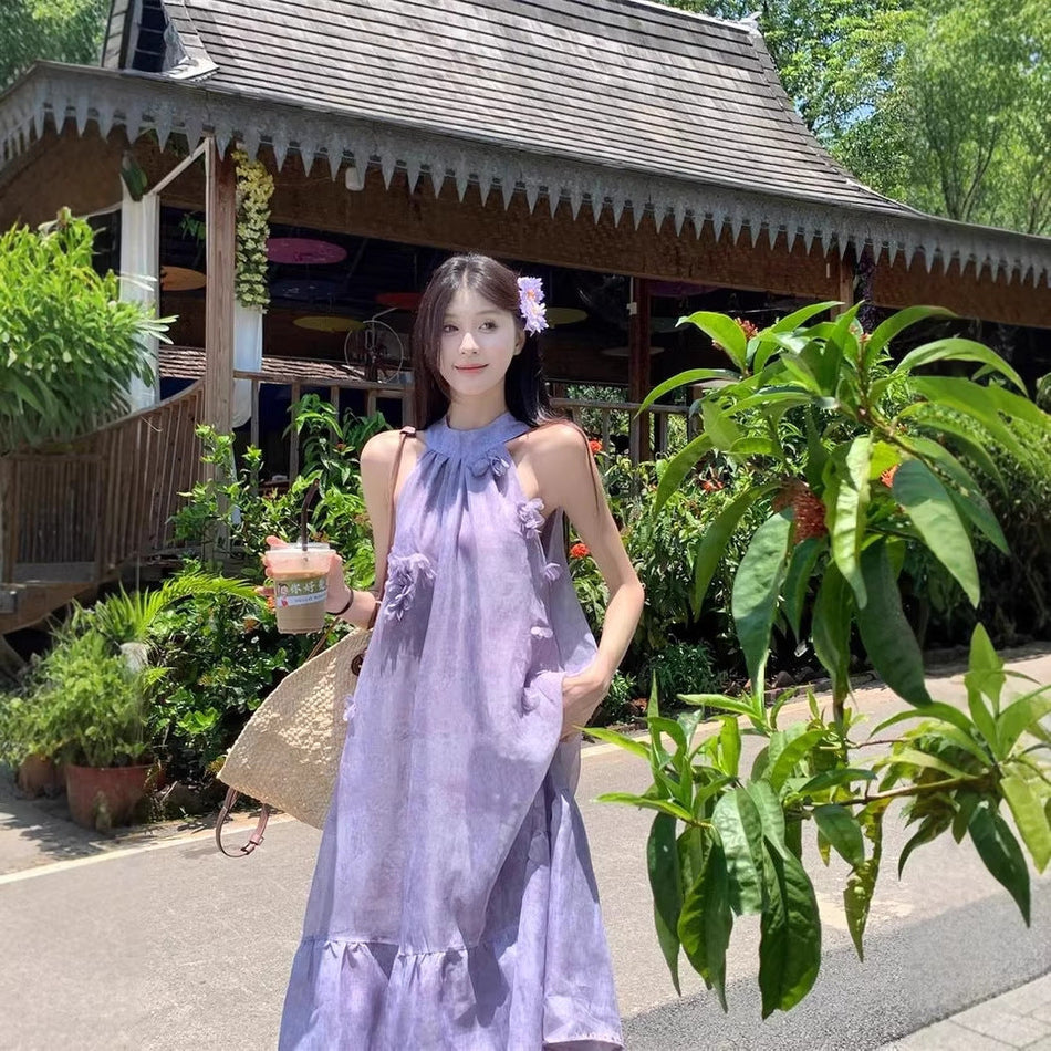 Women Purple Floral Halter Maxi Dress Summer 2026