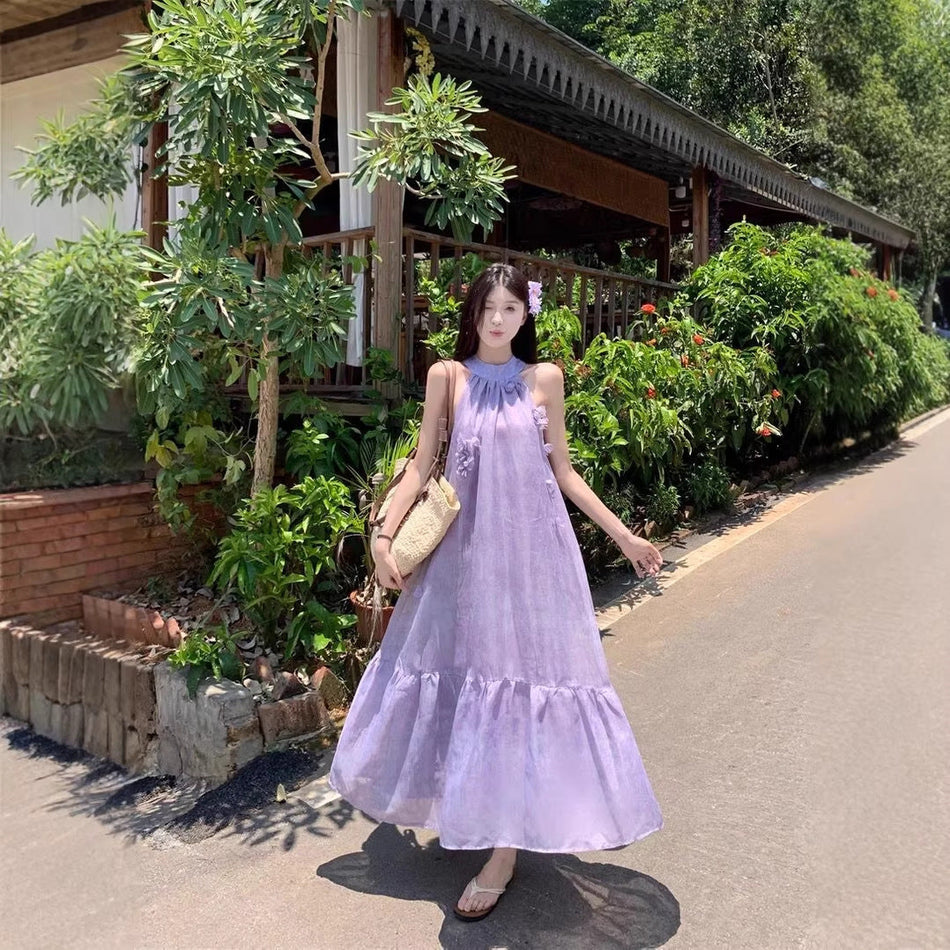 Women Purple Floral Halter Maxi Dress Summer 2026