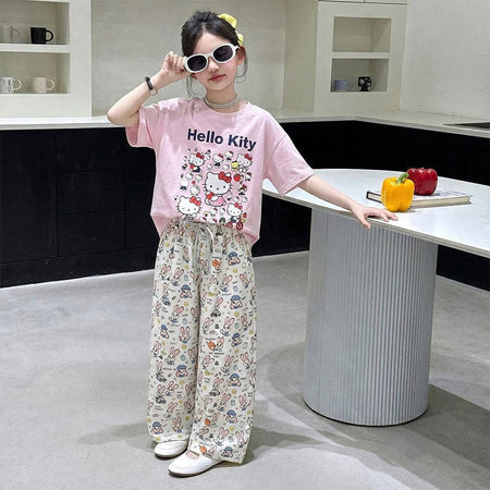 Girls Cat Print T-Shirt & Wide Leg Pants Set – Cute Kids Fashion Nepal | Tudoholic