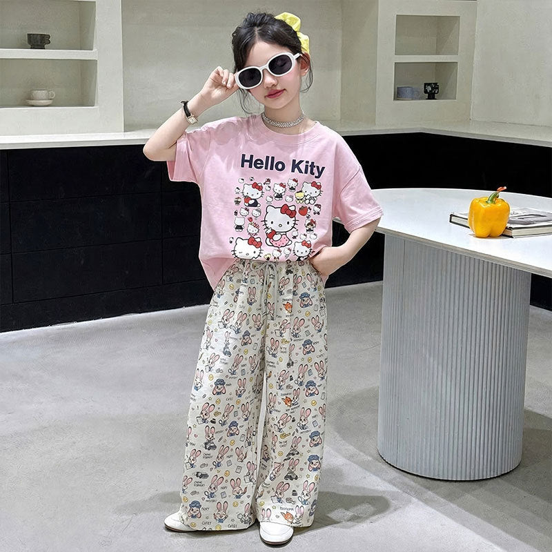 Girls Cat Print T-Shirt & Wide Leg Pants Set – Cute Kids Fashion Nepal | Tudoholic