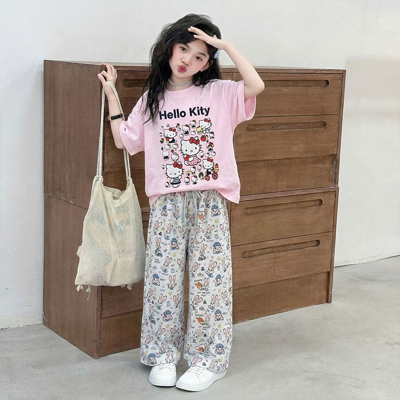 Girls Cat Print T-Shirt & Wide Leg Pants Set – Cute Kids Fashion Nepal | Tudoholic
