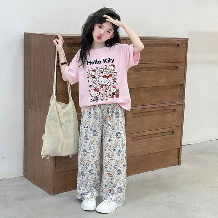 Girls Cat Print T-Shirt & Wide Leg Pants Set – Cute Kids Fashion Nepal | Tudoholic