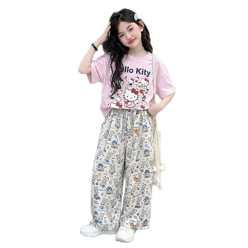 Girls Cat Print T-Shirt & Wide Leg Pants Set – Cute Kids Fashion Nepal | Tudoholic
