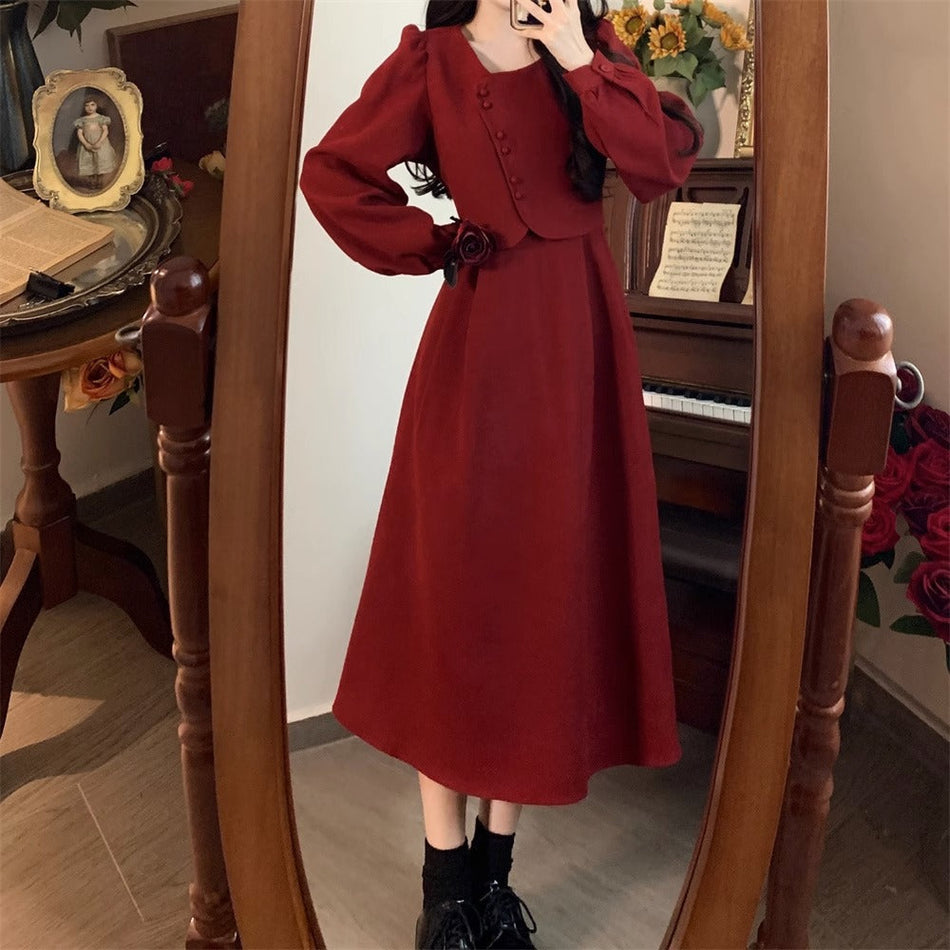 Plus Size Red Hepburn Dress Autumn Winter Women
