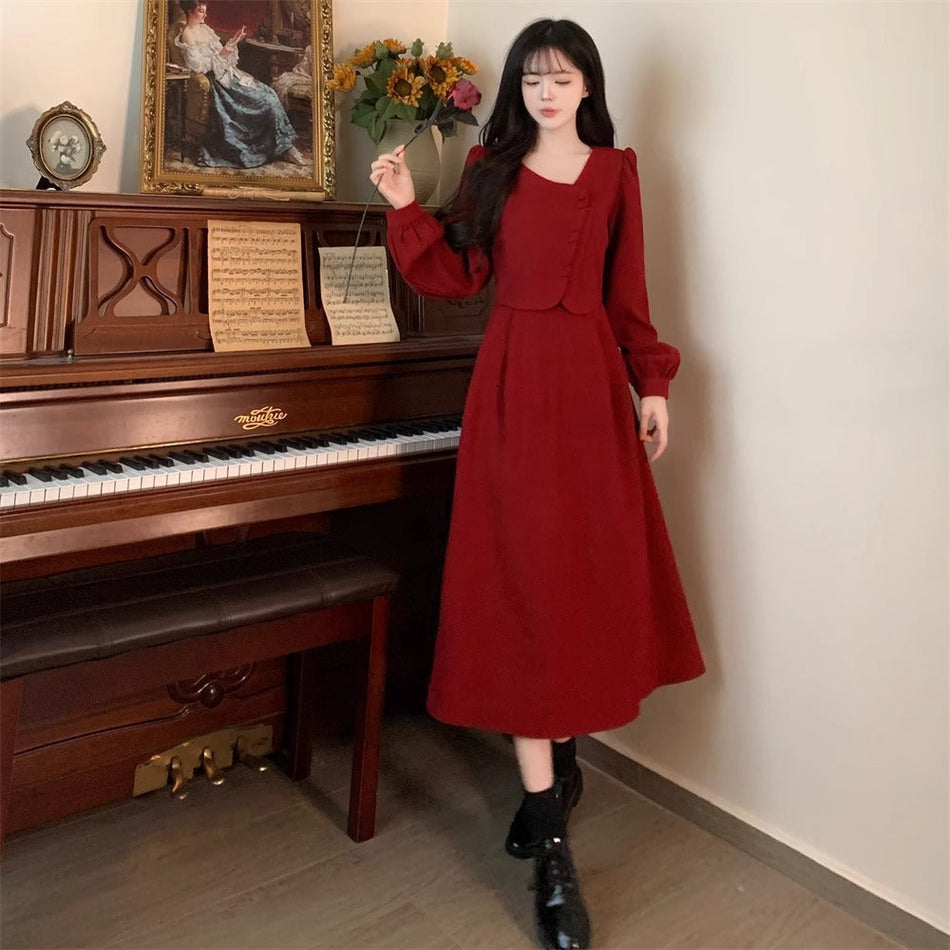 Plus Size Red Hepburn Dress Autumn Winter Women