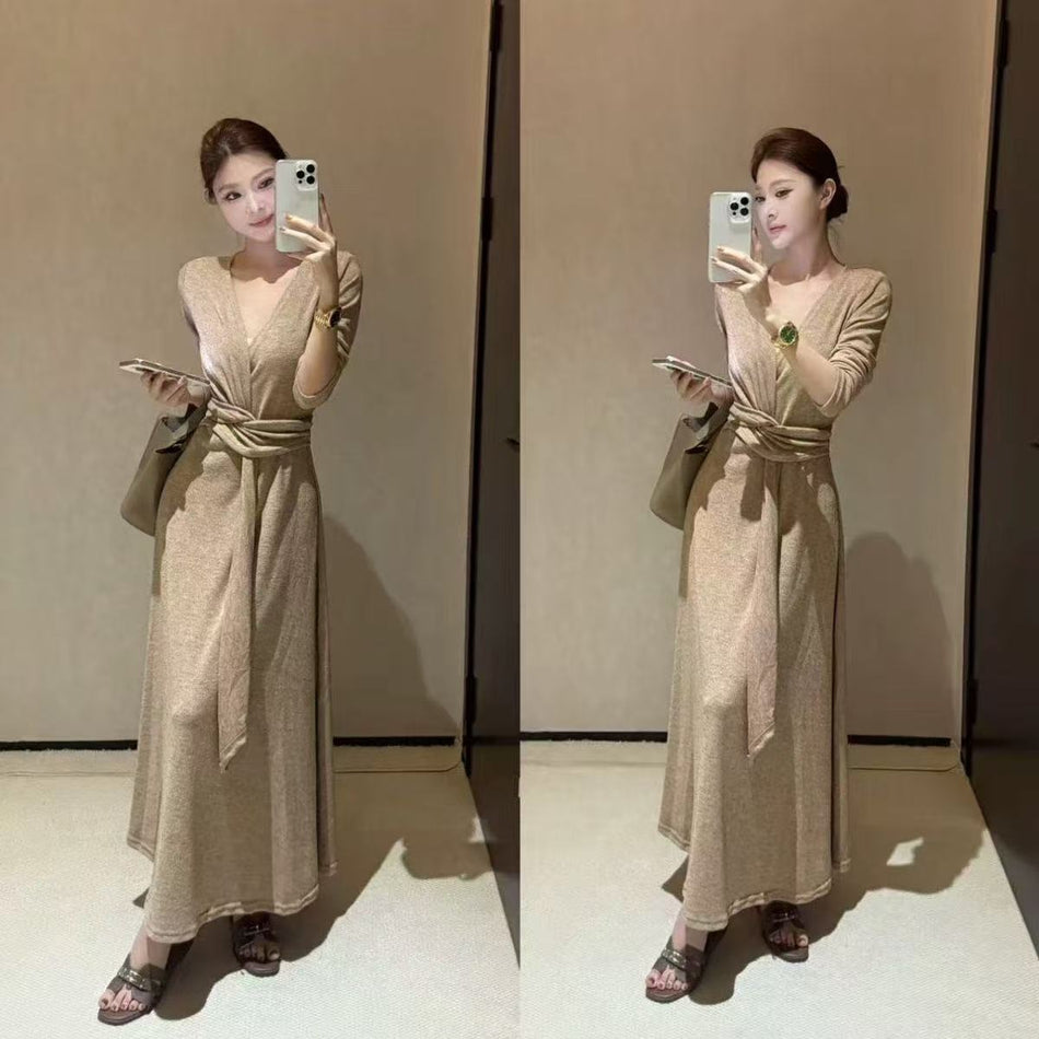 Women V Neck Knitted Slim Dress Autumn Winter Elegant
