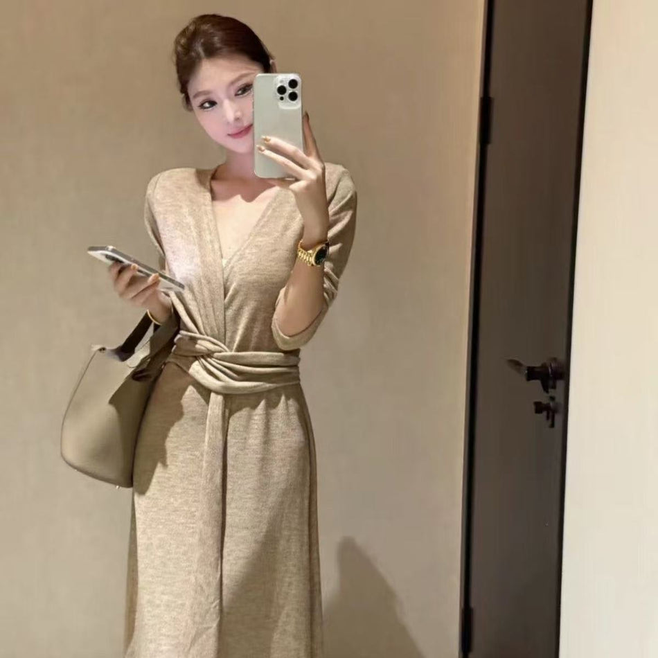 Women V Neck Knitted Slim Dress Autumn Winter Elegant