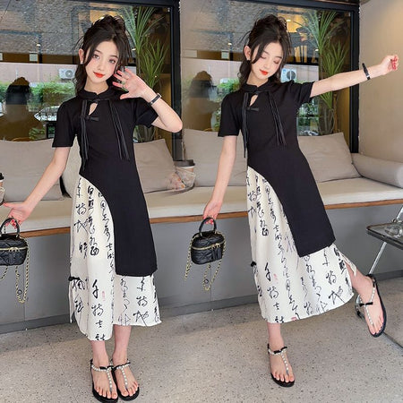Girls Chinese Style Buckle Skirt Two-Piece Set – Traditional Kids Fashion Nepal | Tudoholic