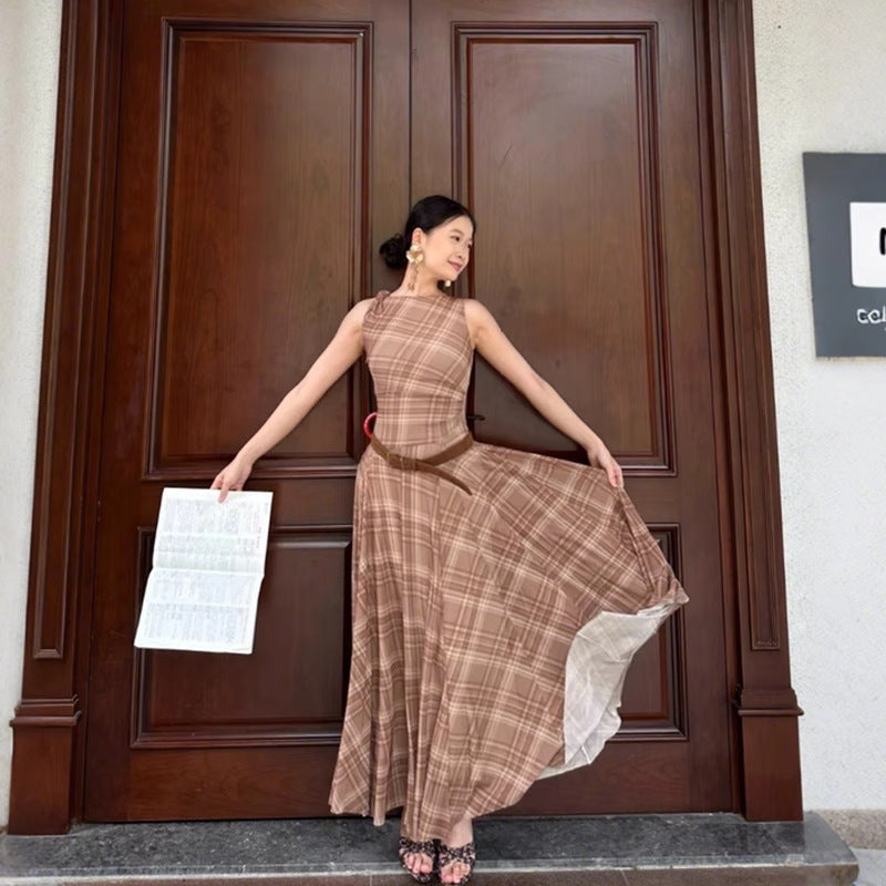 Women Plaid Sleeveless Swing Dress Summer Elegant