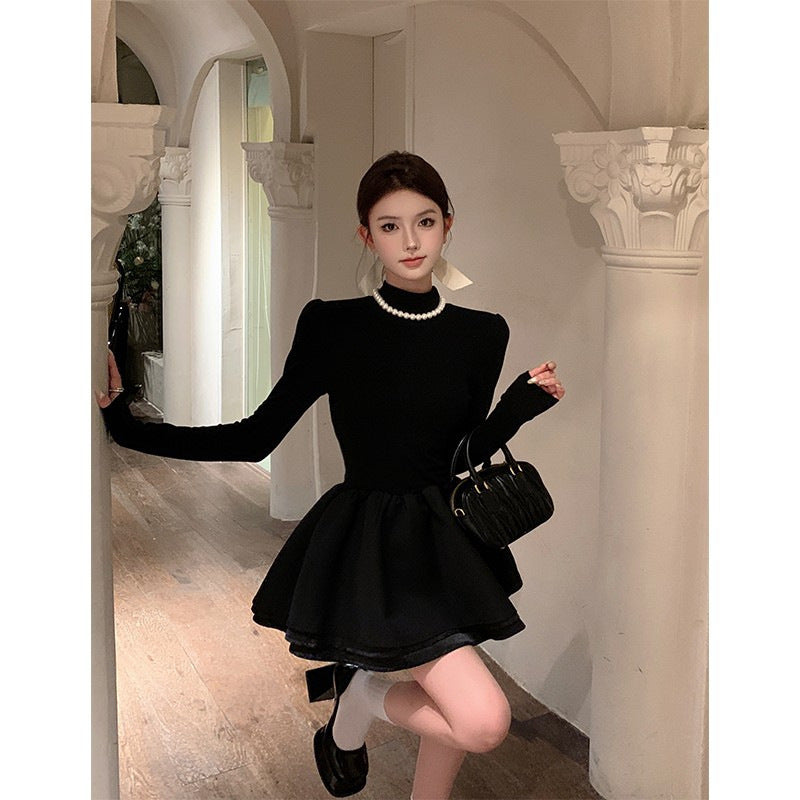 Women Black Knit Turtleneck A-Line Dress Winter