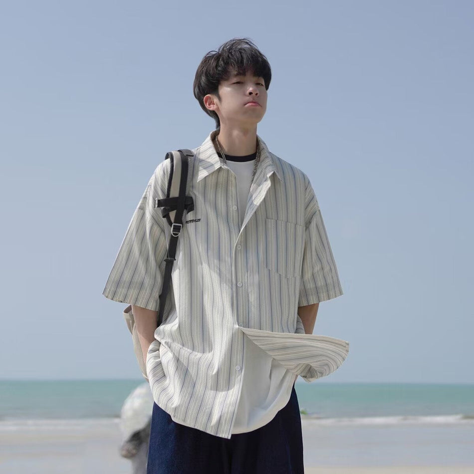 Japanese Retro Striped Short Sleeve Shirt Men