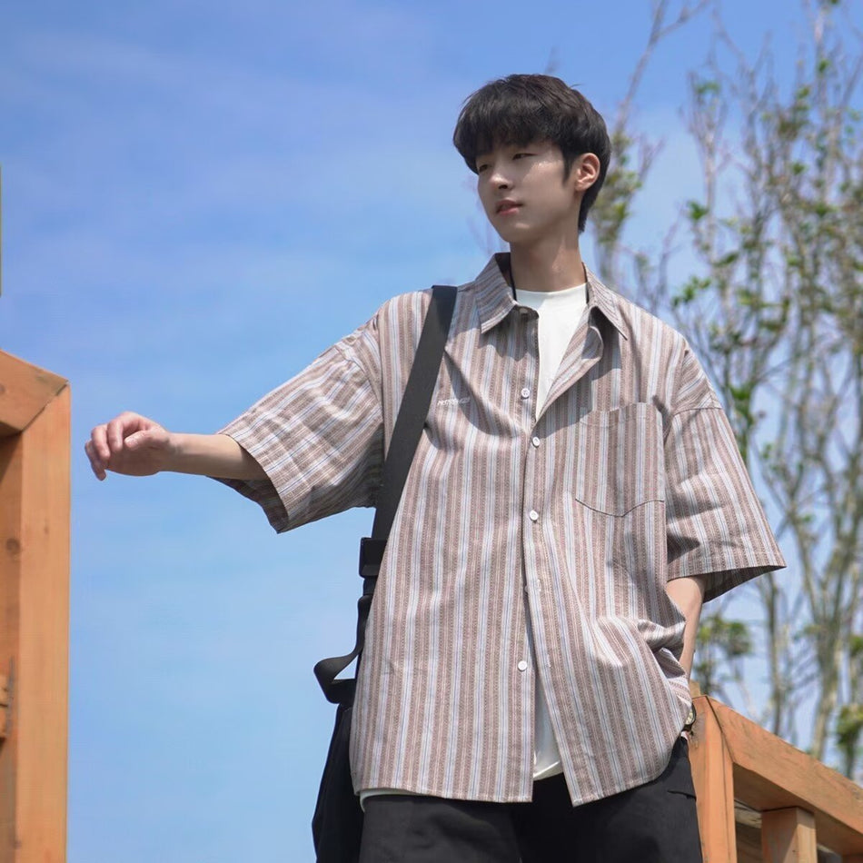 Japanese Retro Striped Short Sleeve Shirt Men