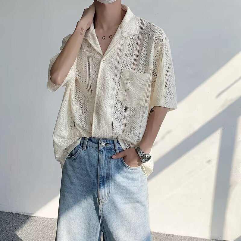 Cuban Collar Hollow Out Casual Shirt Unisex