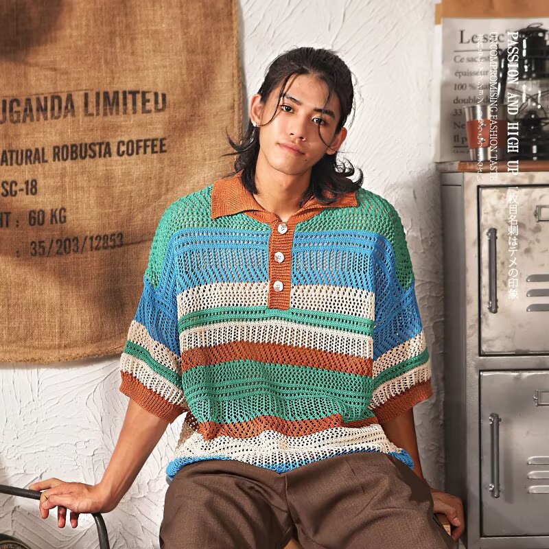 Retro Striped Knitted Polo T-Shirt
