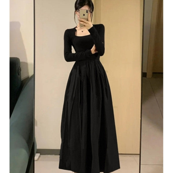 Women's Black Square Neck Hepburn Skirt Dress Set 2025