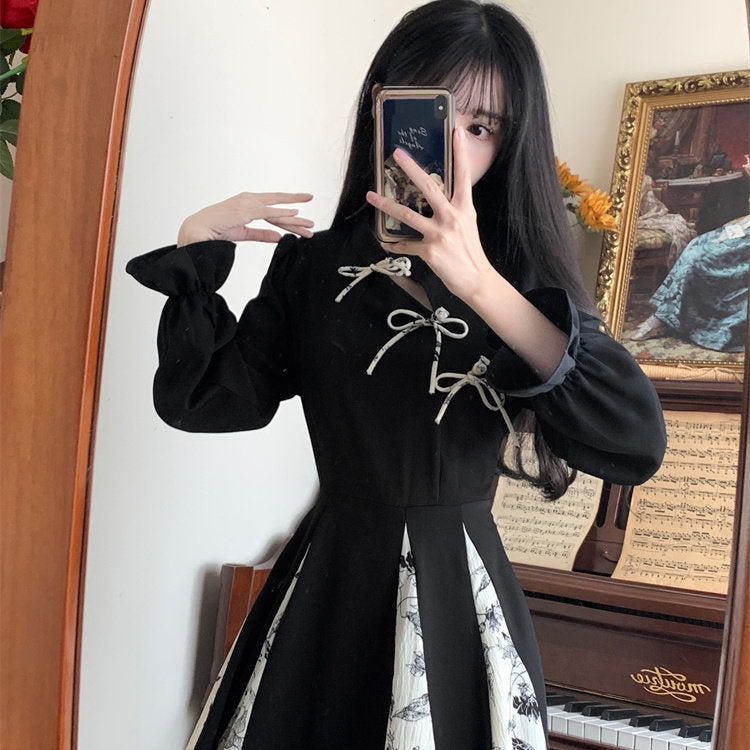 Retro Floral Cheongsam Long Sleeve Dress for Women