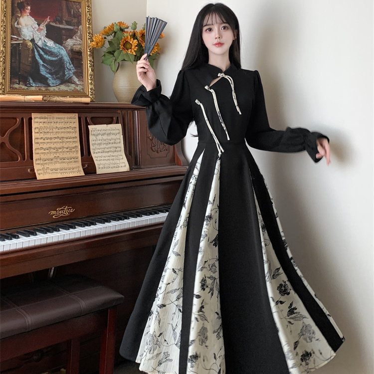 Retro Floral Cheongsam Long Sleeve Dress for Women