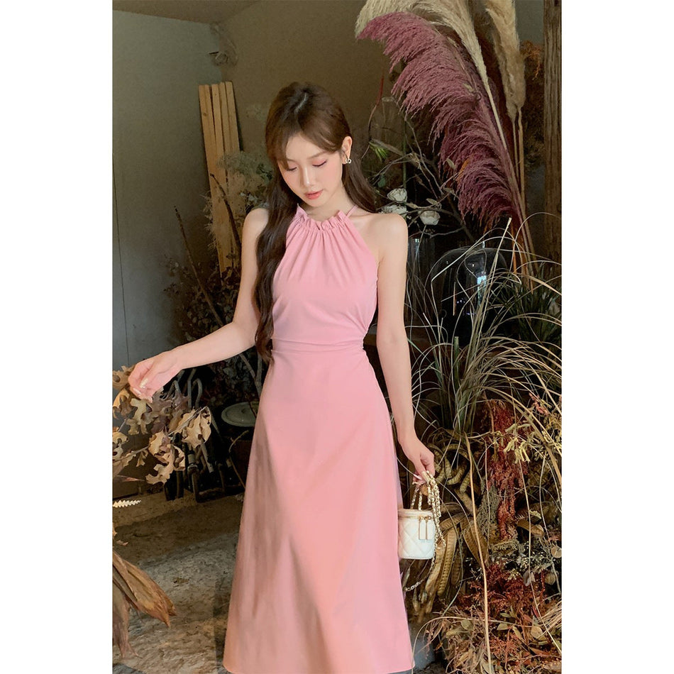 Hollow-Out Halter Midi Dress Women Summer Slim Fit