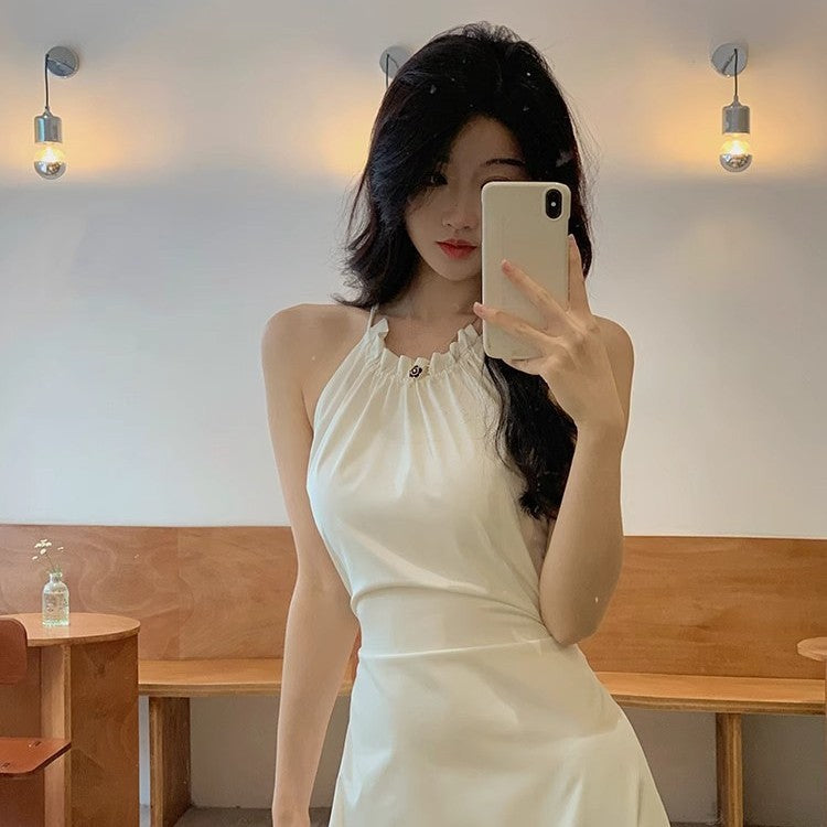 Hollow-Out Halter Midi Dress Women Summer Slim Fit