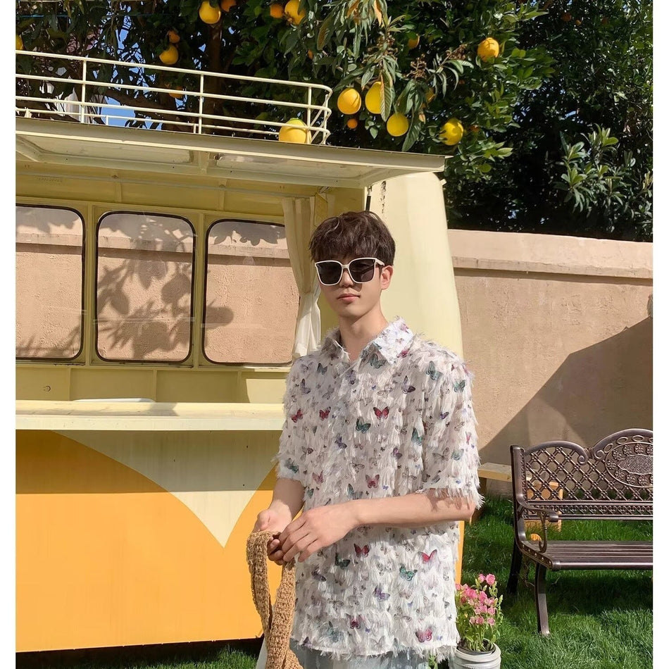 Men’s Butterfly Print Short Sleeve Casual Shirt