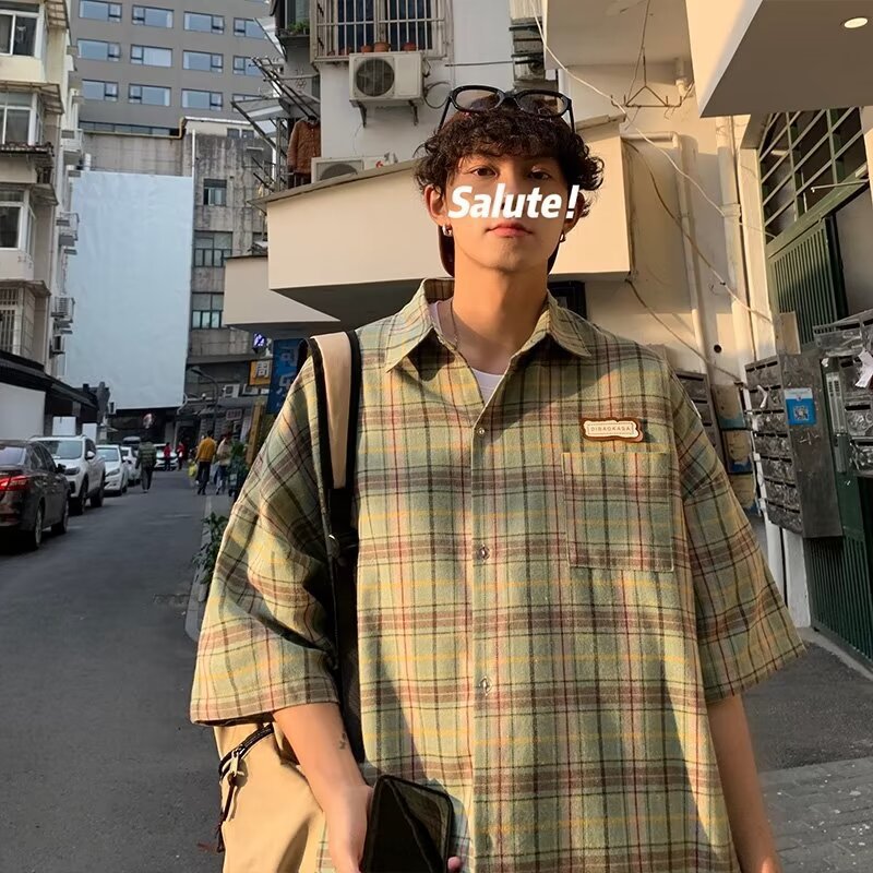 Men’s Japanese Retro Plaid Summer Shirt Loose Fit