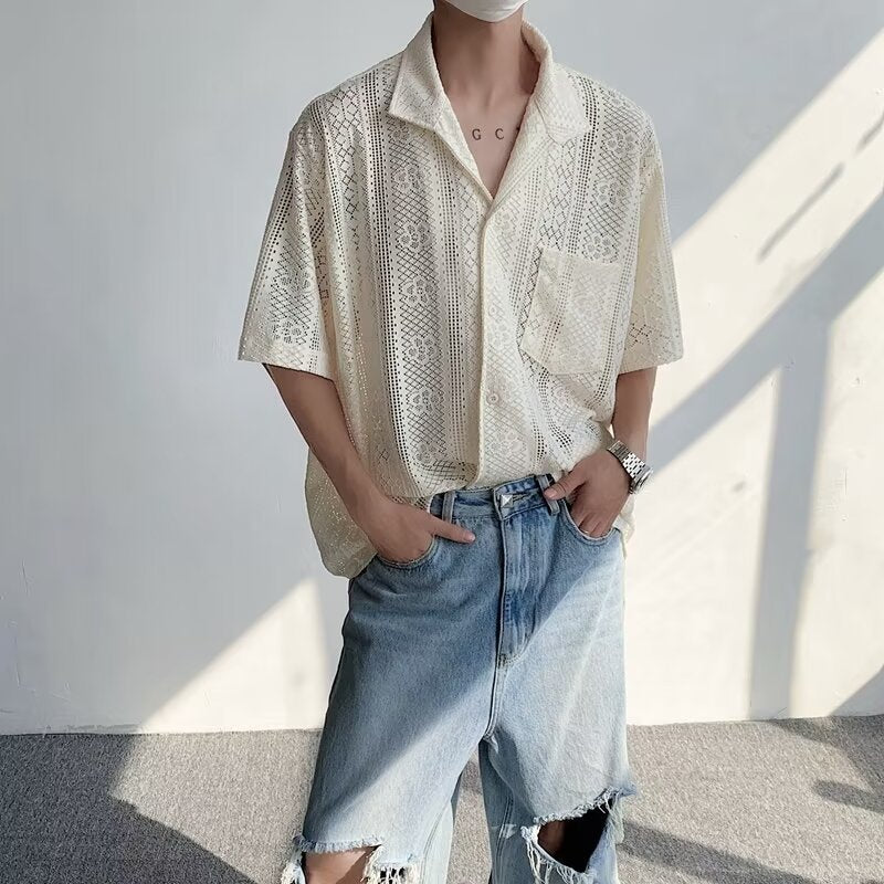 Unisex Cuban Collar Hollow Casual Summer Shirt