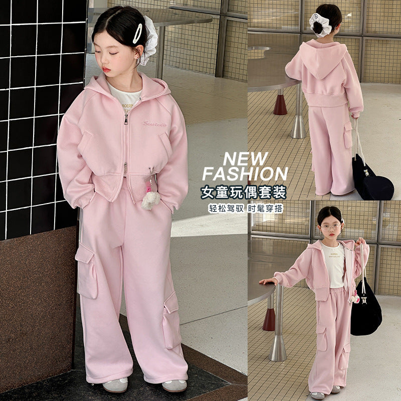 Girls Hooded Top & Cargo Pants Two-Piece Set – Spring Autumn Kids Outfit Nepal | Tudoholic