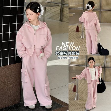 Girls Hooded Top & Cargo Pants Two-Piece Set – Spring Autumn Kids Outfit Nepal | Tudoholic