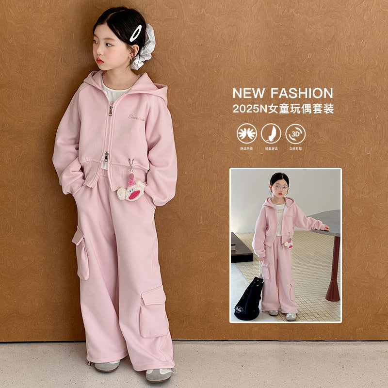 Girls Hooded Top & Cargo Pants Two-Piece Set – Spring Autumn Kids Outfit Nepal | Tudoholic