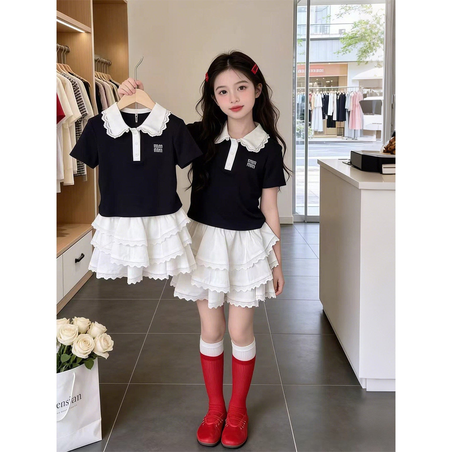 Girls Lace Polo Shirt & Cake Skirt Set – Elegant Kids Fashion Nepal | Tudoholic