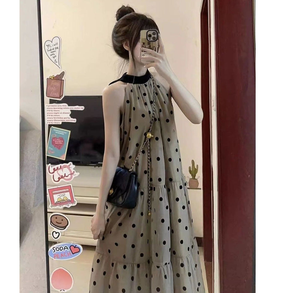 French Polka Dot Halter Neck Summer Long Dress Women
